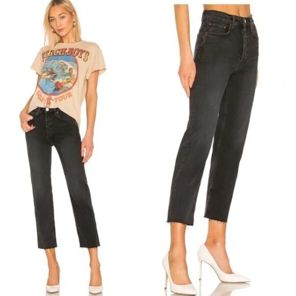 Redone Jeans Womens 26 70s Stovepipe Straight Leg Cropped Black Raw Hem Retro - Picture 3 of 16
